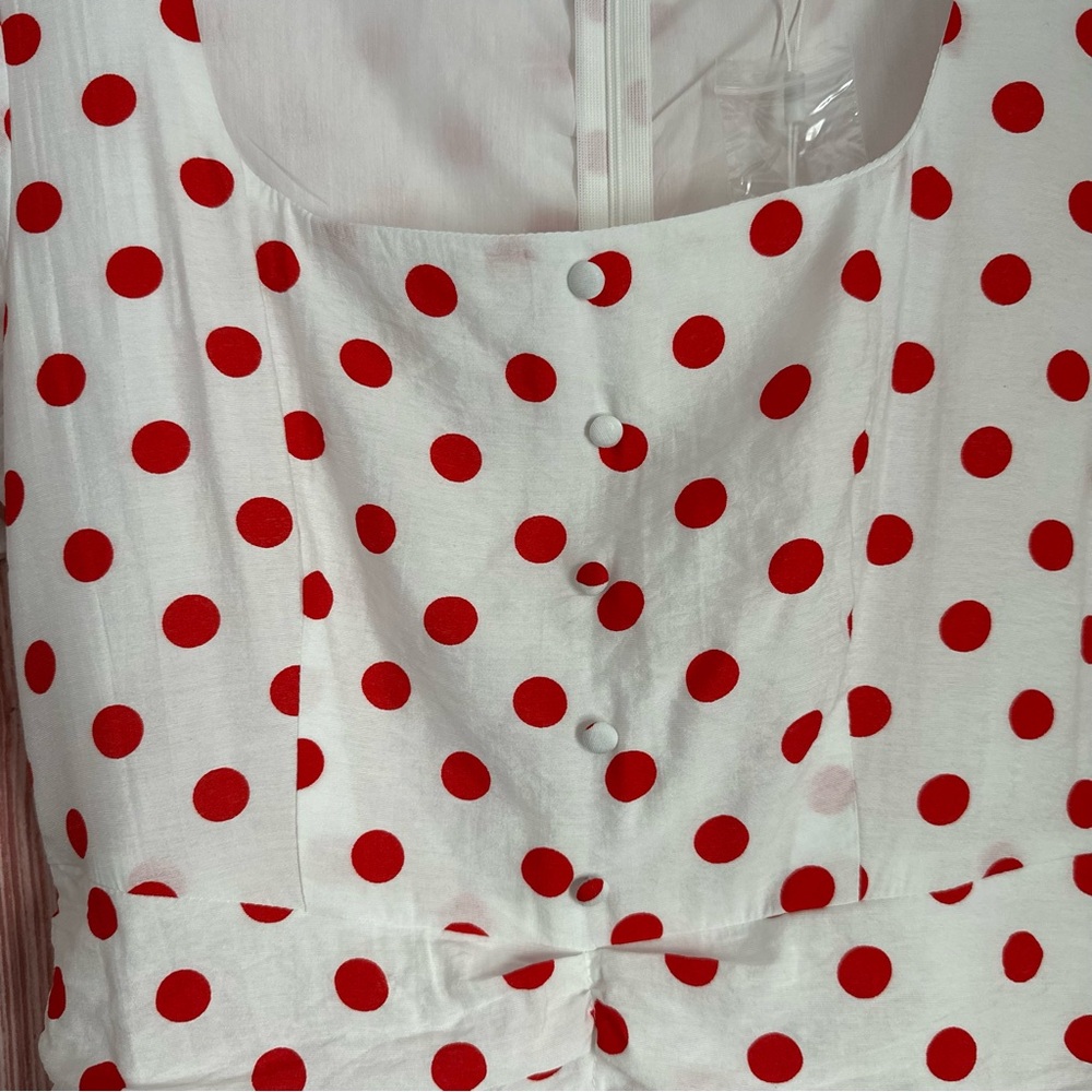 Endless Rose White Retro Style Red Polka Dot Ruffle Hem Ruched Mini Dress Size M - Picture 6 of 16